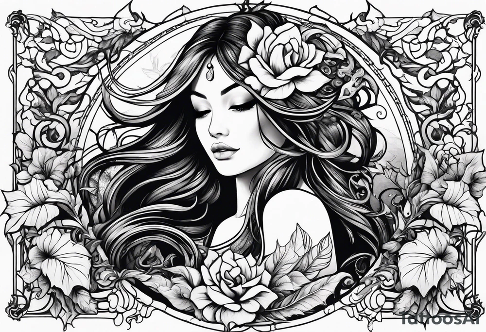 Feminine vine wrapping around arm in sleeve style with mystical creatures in between tattoo idea