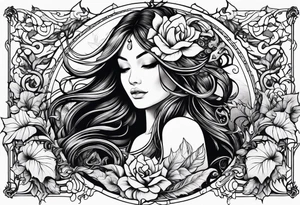 Feminine vine wrapping around arm in sleeve style with mystical creatures in between tattoo idea
