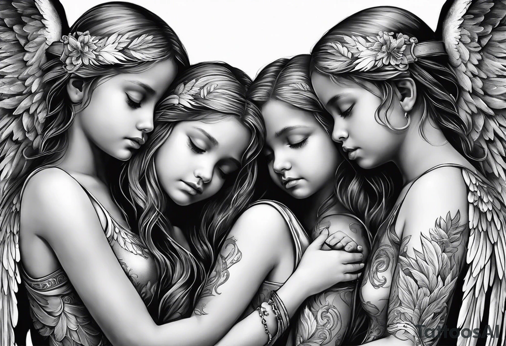 3 angels praying together. The two boy angels are on either side of the girl angel, with their wings gently enfolding tattoo idea