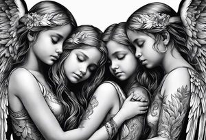 3 angels praying together. The two boy angels are on either side of the girl angel, with their wings gently enfolding tattoo idea