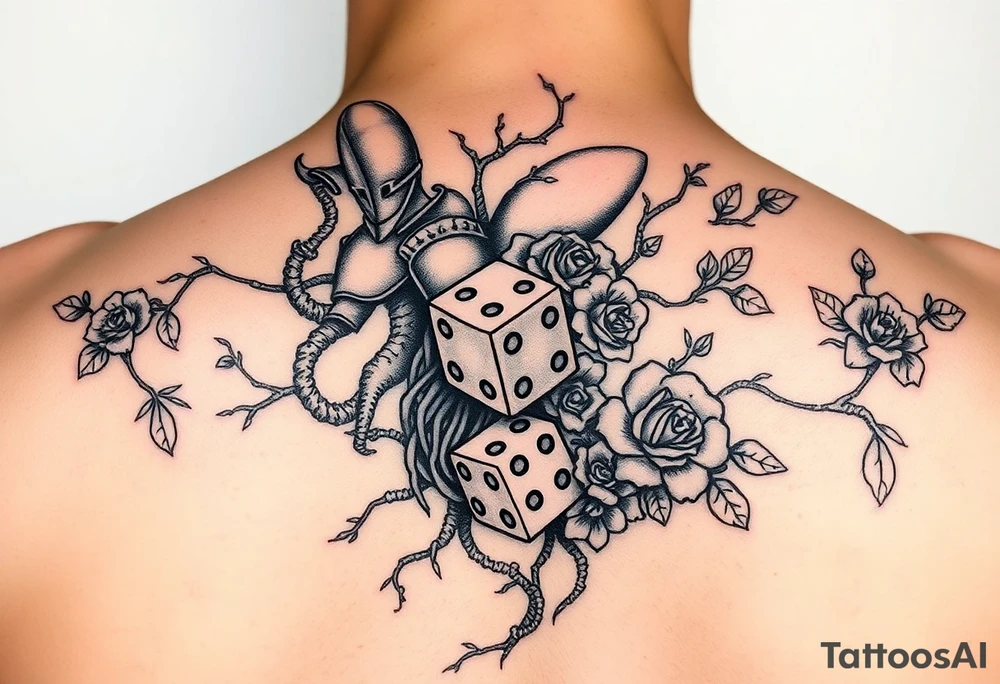 knight and squid combined with tree roots, cherry blossoms and roses rolling dice tattoo idea