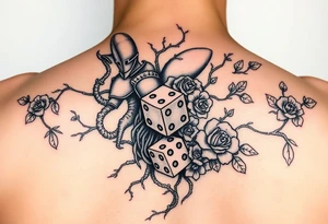 knight and squid combined with tree roots, cherry blossoms and roses rolling dice tattoo idea