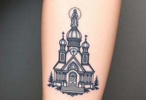 in a dorsal view a detailed orthodox church with a band at the front shrouded with a mist above and fading into a virgin mary overlooking above at the top tattoo idea
