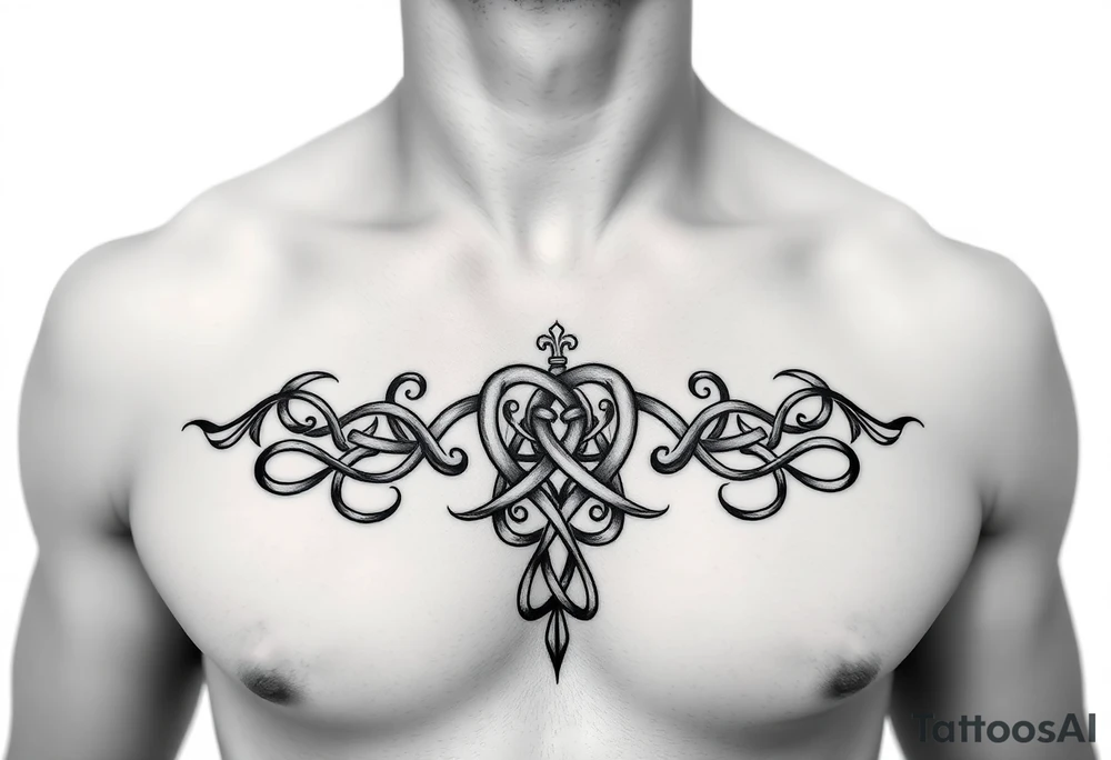 Create a tattoo on a man’s chest of the name Michelle. Celtic knot and claddagh tattoo idea
