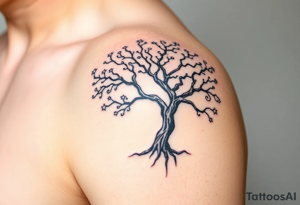 Flowing asymmetrical symbolic tree quarter sleeve on shoulder. Bold and simple branches that do not look realistic. Tree of gondor with seven stars tattoo idea