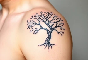 Flowing asymmetrical symbolic tree quarter sleeve on shoulder. Bold and simple branches that do not look realistic. Tree of gondor with seven stars tattoo idea