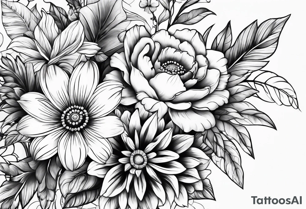 Flower bouquet with 5 flowers skinny tattoo idea