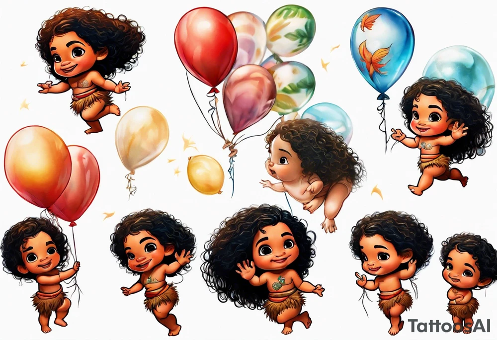baby moana reaching for balloons tattoo idea