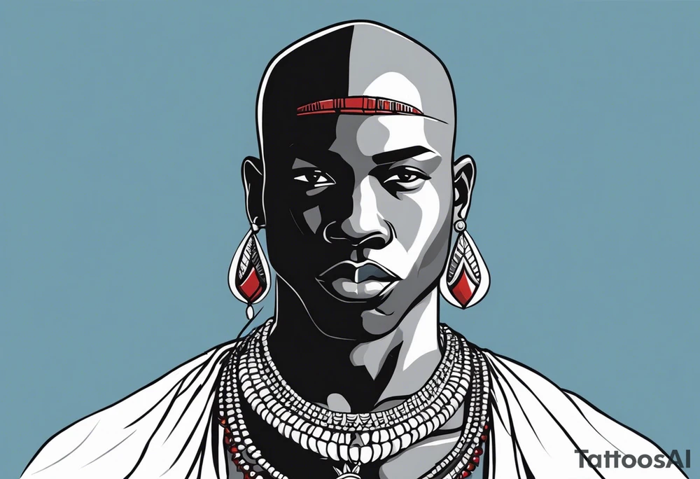 Black-skinned bald african warrior. He wears a simple and small silver crown. He uses two simple necklaces: one blue, other red. He has cowry shells in his crown tattoo idea