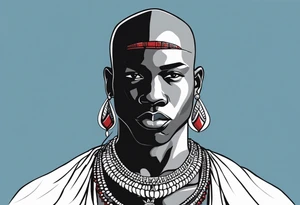 Black-skinned bald african warrior. He wears a simple and small silver crown. He uses two simple necklaces: one blue, other red. He has cowry shells in his crown tattoo idea