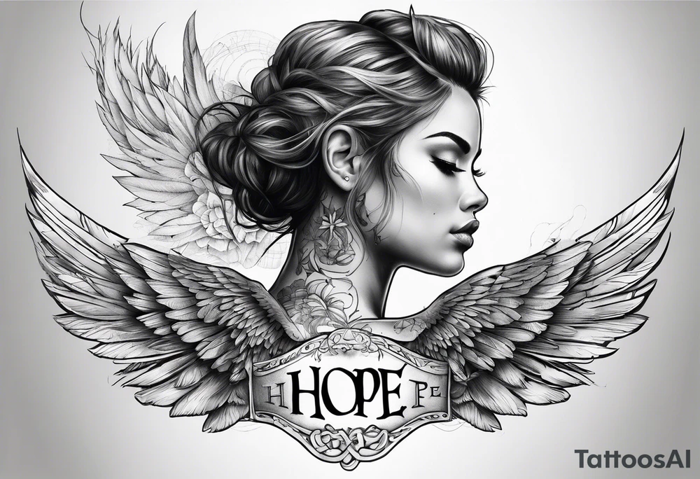 full chest tattoo realistic face and scar with wings on the shoulders and the word "hope" tattoo idea