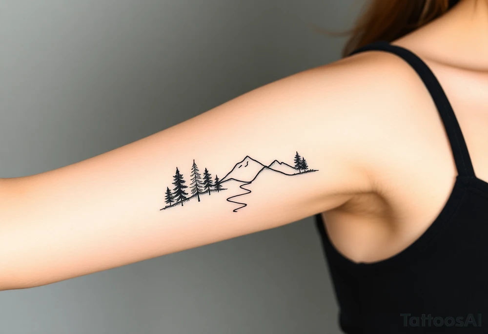 path deveoping zigzag between trees and mountains up the arm tattoo idea