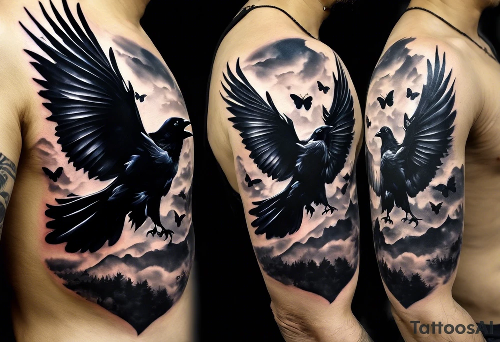 Black and white tattoo. The main image is a raven and a butterfly flying together towards the sky. The raven is shrouded in light and the butterfly in darkness. In the background you can see a 46 (from Valentino Rossi). You can also see a small scorpion and an 89, as well as a large lettering that reads "SKF". tattoo idea
