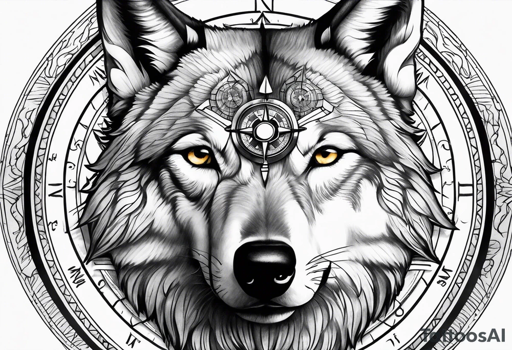 Compass in a wolf face tattoo idea