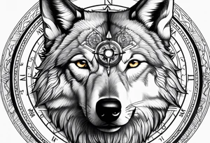 Compass in a wolf face tattoo idea