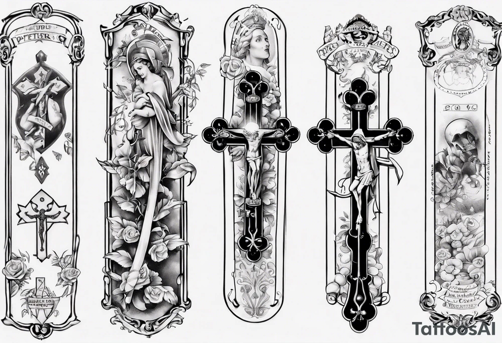 men’s arm sleeve, rosary, the name Peters, 1997, cross tattoo idea