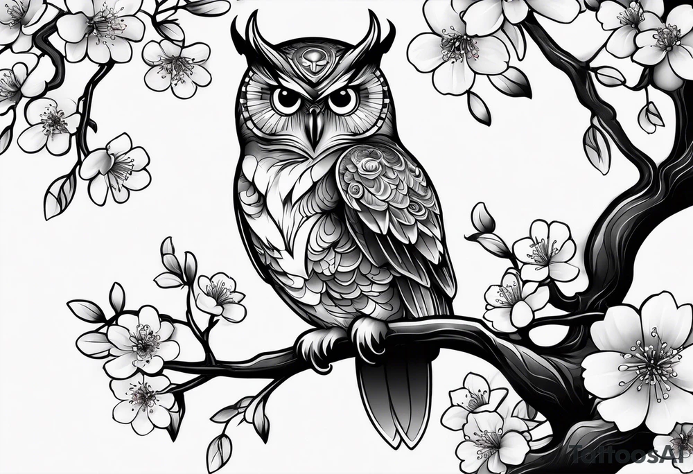 Owl and cherry blossoms tattoo idea