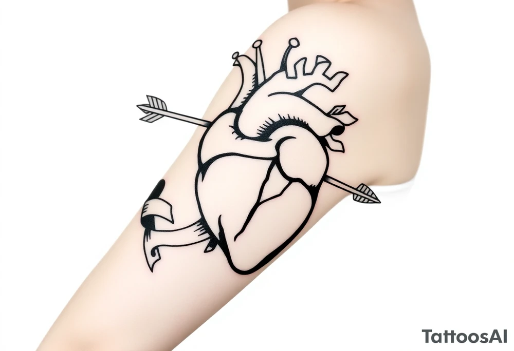 anatomical heart pierced by ornate arrow with flowing ribbons tattoo idea