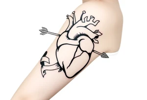 anatomical heart pierced by ornate arrow with flowing ribbons tattoo idea