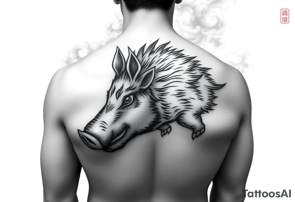 I want to design a back design for adults. The theme is wild boar. I want to put the wild boar of NCAA Arkansas into the style of Chinese neo-traditional culture. The background needs to have a feeling of clouds and smoke. Enlarge the main picture tattoo idea