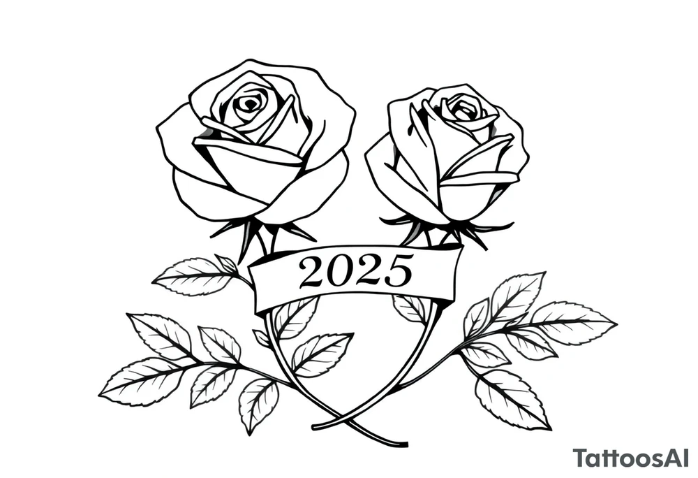two beautiful large rose buds, one larger than the other, with many leaves next to the rose buds, with one sitting higher than the other. Include a banner connecting the two roses with the year "2025" on it.   Use dark outlines with little shading. The two stems should be short, not long, and connect and join into one stem, whimsically curved or twisted - not straight down. tattoo idea