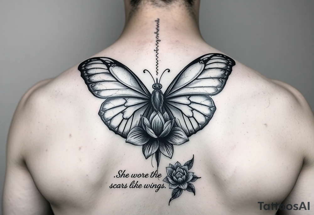 butterfly with cracked wings and lotus flower with quote that says “she wore her scars like wings” all down spine but very elegant towards lower back and small tattoo idea