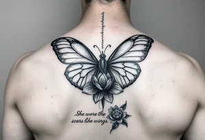 butterfly with cracked wings and lotus flower with quote that says “she wore her scars like wings” all down spine but very elegant towards lower back and small tattoo idea