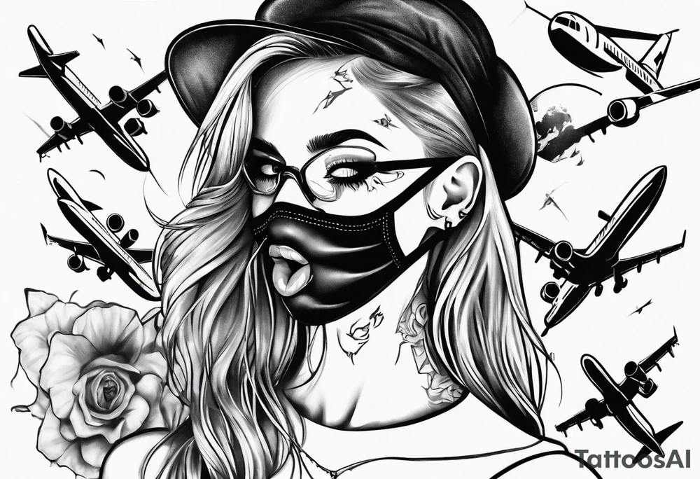 the face of a girl in a black mask who licks the plane with her tongue tattoo idea
