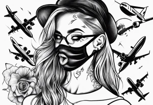 the face of a girl in a black mask who licks the plane with her tongue tattoo idea