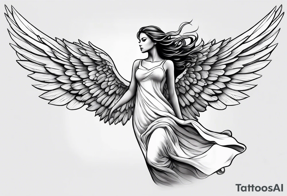 angel woman with big wings full body flying on the sky looking right side  we  can see right profile tattoo idea