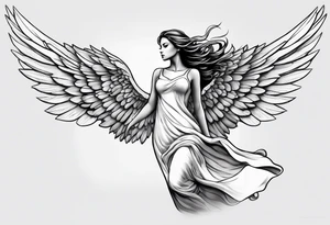 angel woman with big wings full body flying on the sky looking right side  we  can see right profile tattoo idea