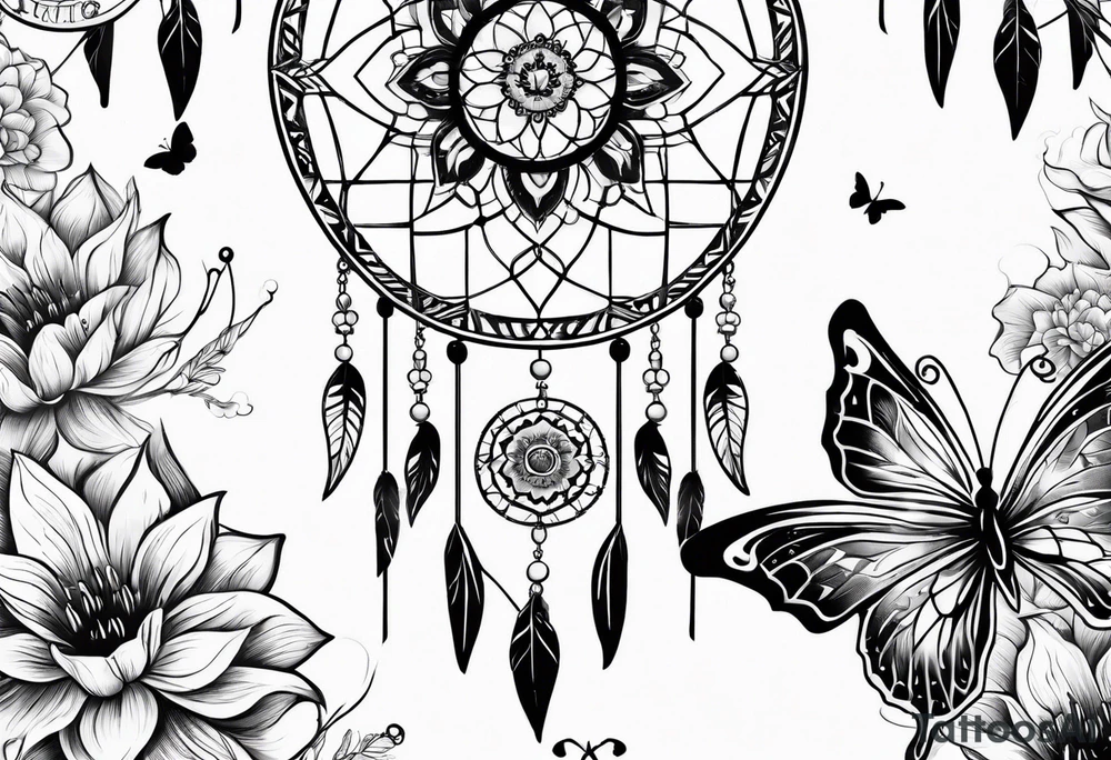 Dream catchers, butterflies, and lotus flowers tattoo idea
