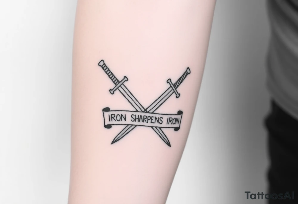 Two crossed swords in a forearm tattoo sketch style, with a flowing banner that reads “Iron Sharpens Iron.” Black ink, simple and bold. tattoo idea