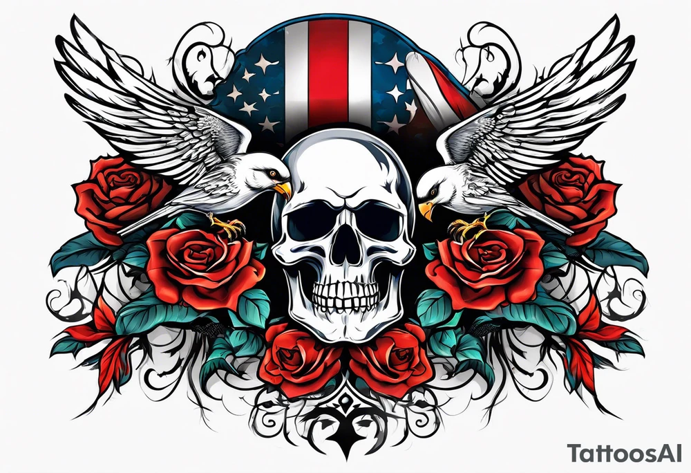 patriotic banner with skulls and birds tattoo idea