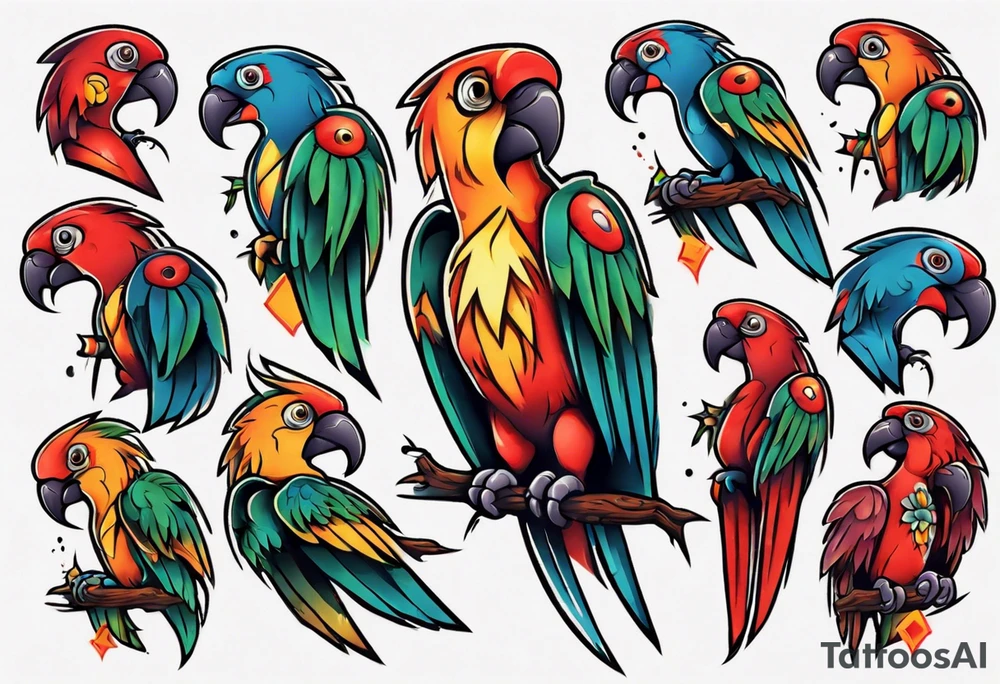 a chest tattoo of a traditionally colored parrot tattoo idea
