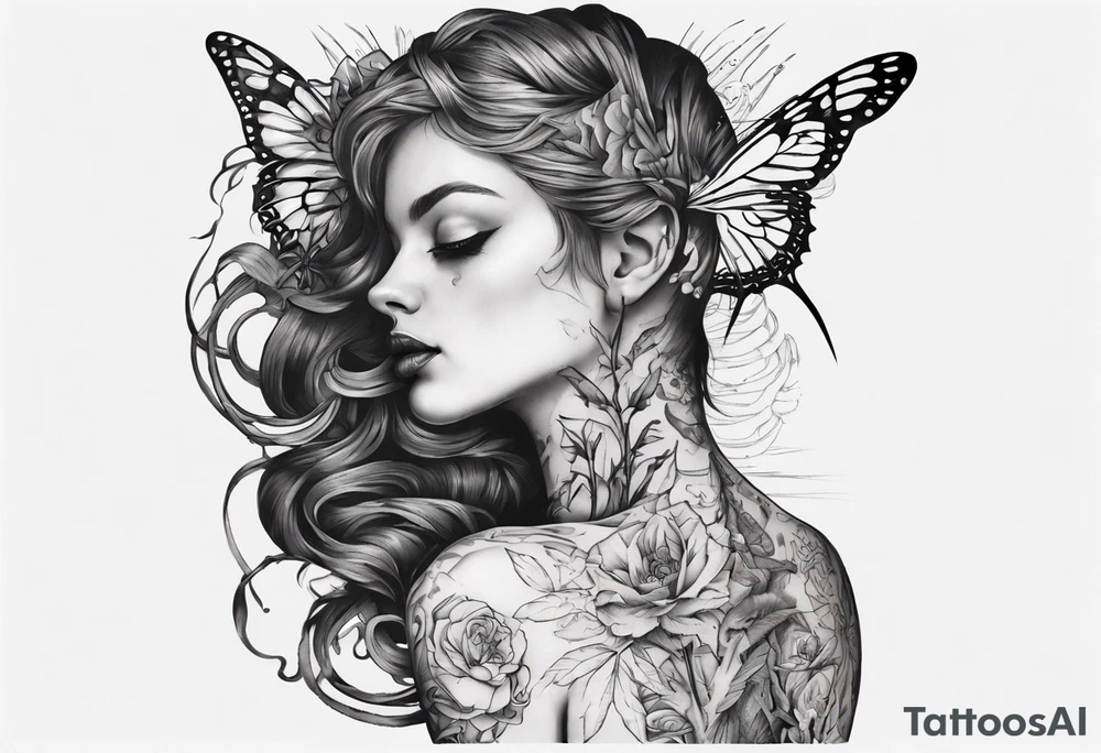 A spine tattoo that incorporates a woman’s figure into the linework tattoo idea