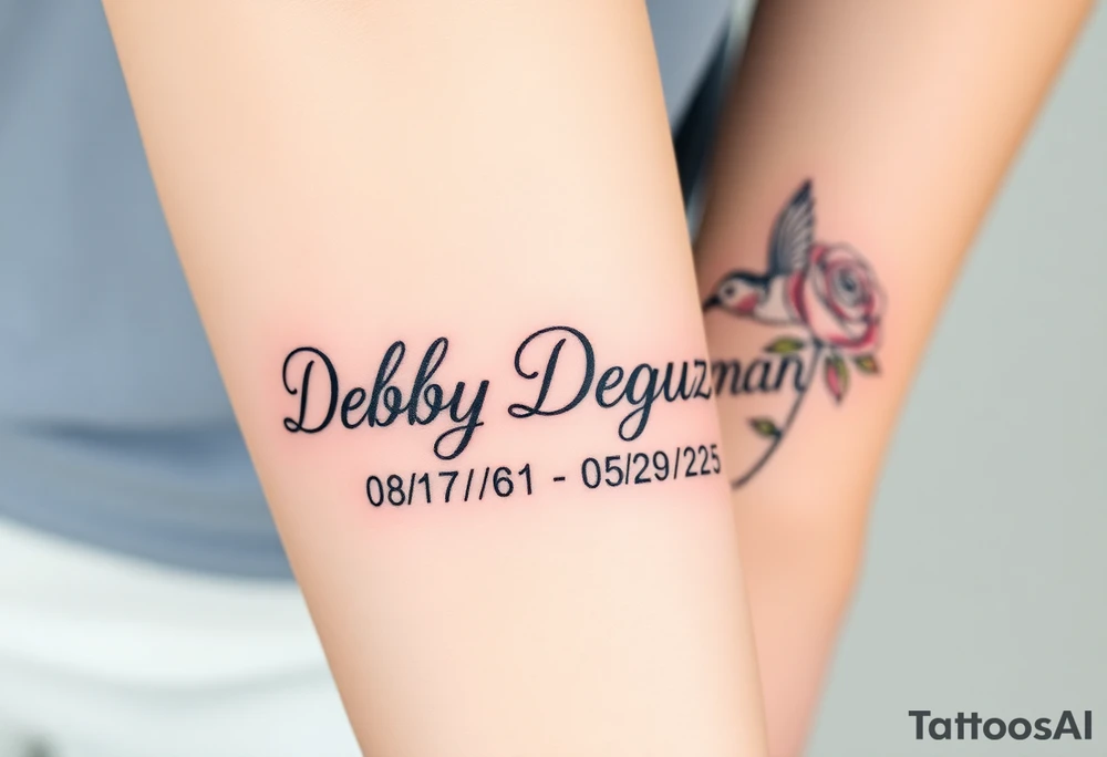 Tattoo of the exact name Debby Deguzman in chunky curly cursive with the exact dates of 08/17/61-05/29/25 surrounded by 1 hummingbird and 1 rose tattoo idea