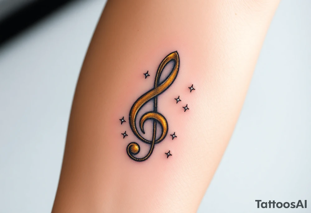A gold treble clef with subtle silver accents, surrounded by delicate sparkles tattoo idea