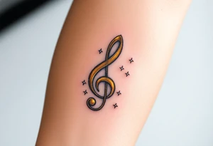 A gold treble clef with subtle silver accents, surrounded by delicate sparkles tattoo idea