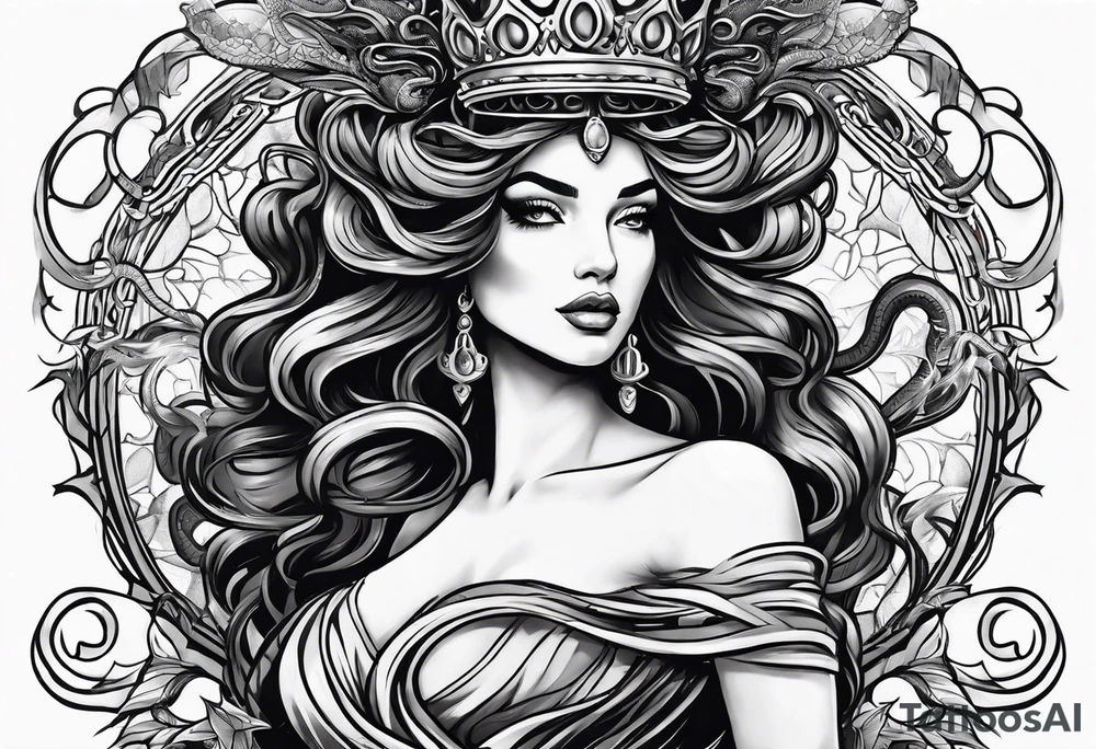 woman's crown turned into medusa snakes tattoo idea