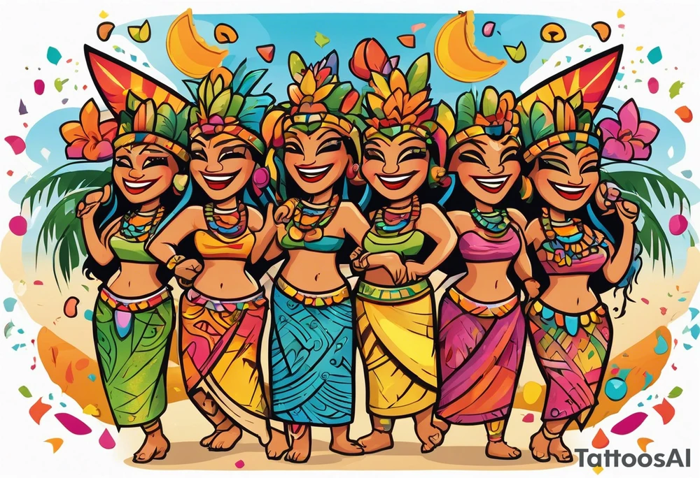 hulu tiki party with dancing tiki guys and sexy tiki girls on a beach with music notes and confetti around a blank space in the middle tattoo idea