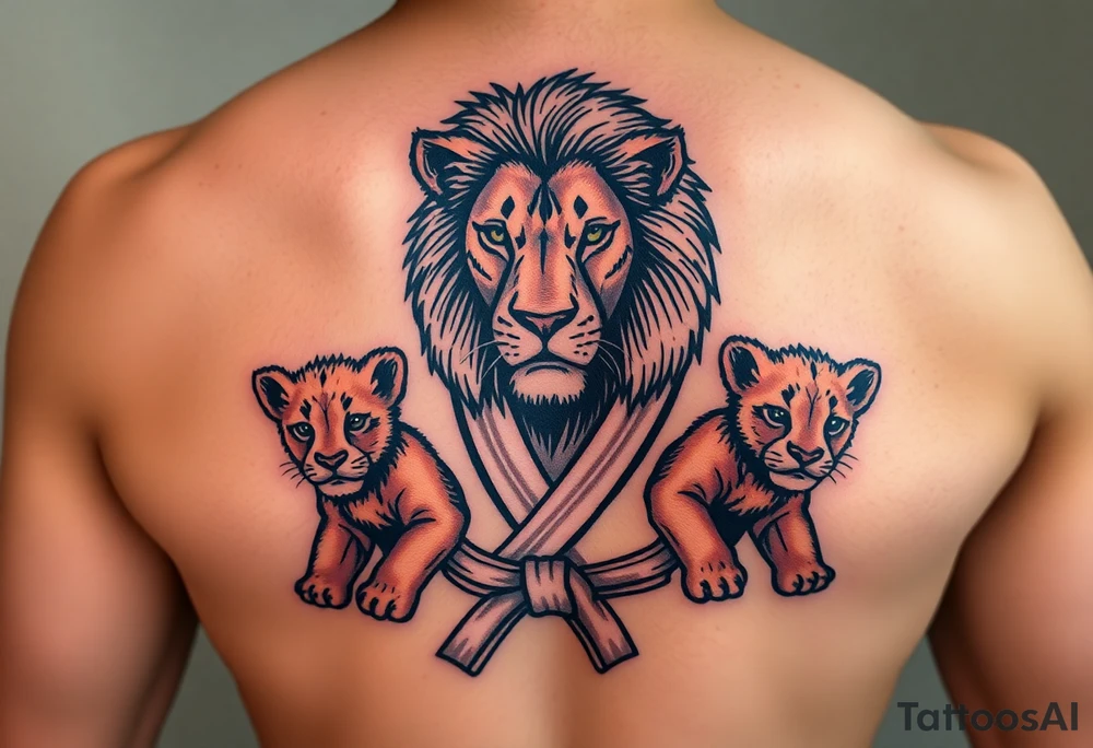 Lion wearing a Brazilian jiu jitsu gi as a person would along side his two cubs who are wearing the jiu jitsu gi as well. The surrounding area is the sarenghetti tattoo idea