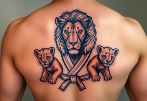 Lion wearing a Brazilian jiu jitsu gi as a person would along side his two cubs who are wearing the jiu jitsu gi as well. The surrounding area is the sarenghetti tattoo idea