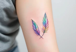 A pair of hummingbird feathers, delicately illustrated in iridescent shades of green, violet, and blue, suggesting joy and freedom. tattoo idea