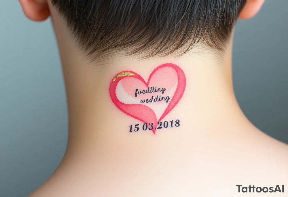 A soft watercolor heart in pastel pink and ivory, with golden dust accents, with wedding date 15.03.2018 tattoo idea