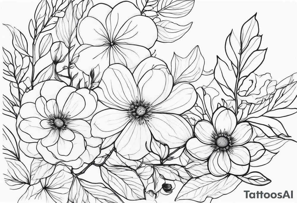 fine line flowers surrrounded by leaves and branches tattoo idea