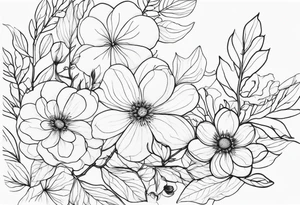 fine line  flowers surrrounded by leaves and branches tattoo idea