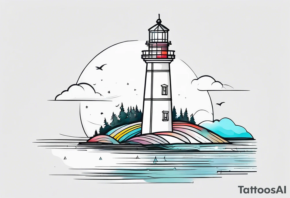 lighthouse fine line colorful tattoo idea