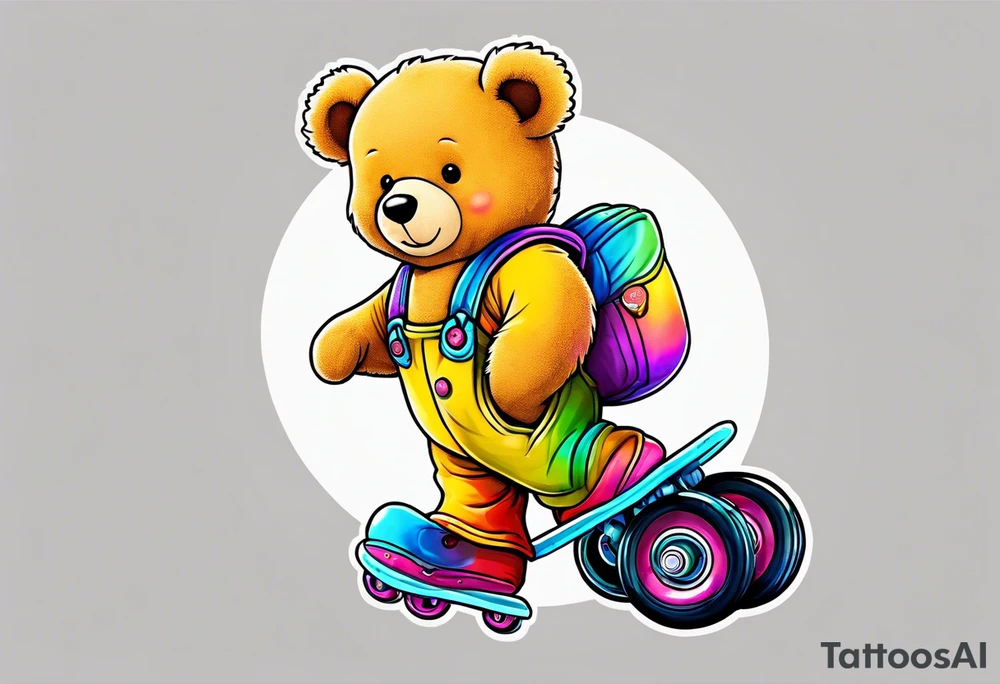 A light brown teddy bear in yellow overalls, wearing rainbow colored rollerskates tattoo idea