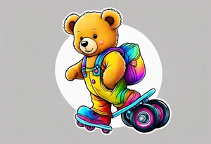 A light brown teddy bear in yellow overalls, wearing rainbow colored rollerskates tattoo idea